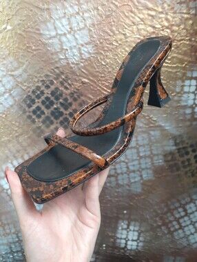 Zara Leather Brown And Black Snake-Print Strappy Heeled Sandal